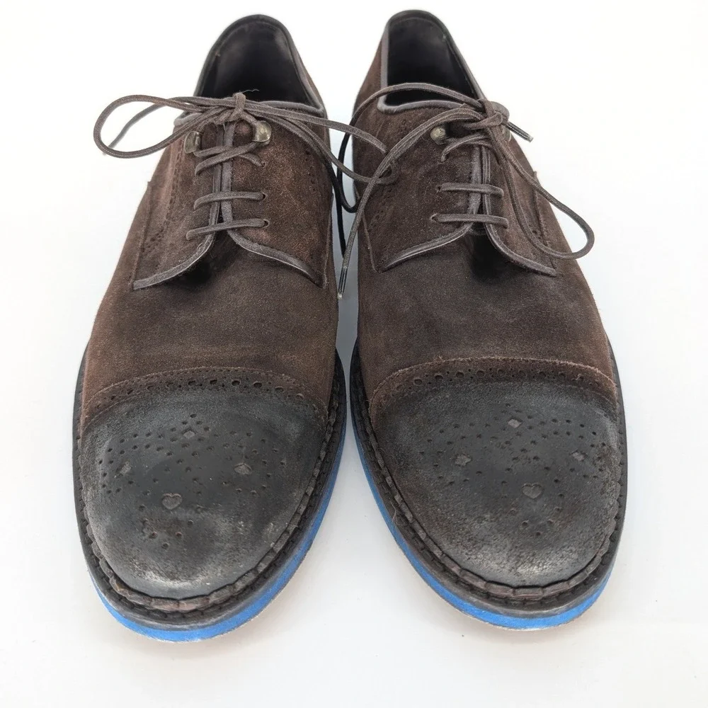 Jimmy Choo Suede Derby Shoes Mens 46 Brown Blue Cap Toe Made in Italy‎ Luxury